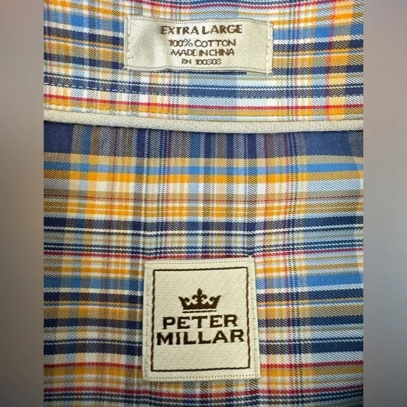 Peter Millar Men’s Shirt Blue Brown Plaid Cotton Button Up Long Sleeves Size XL - Picture 6 of 7